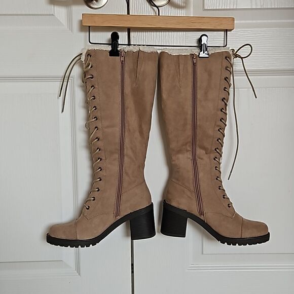 Just Fab Asher Sherpa-Lined Lace-Up Heel Boots Taupe 8.5 - Picture 1 of 16